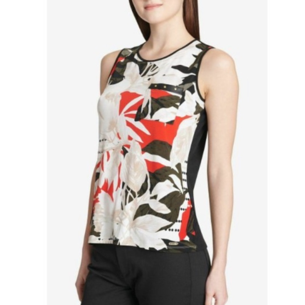 Calvin Klein || Woman’s Faux-Leather-Trim Top Ivory Red size Sz: Small